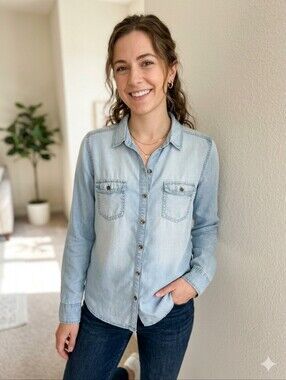 HALOGEN 100% Lyocell Light Blue Denim Classic Button-Down Shirt. Size Medium.